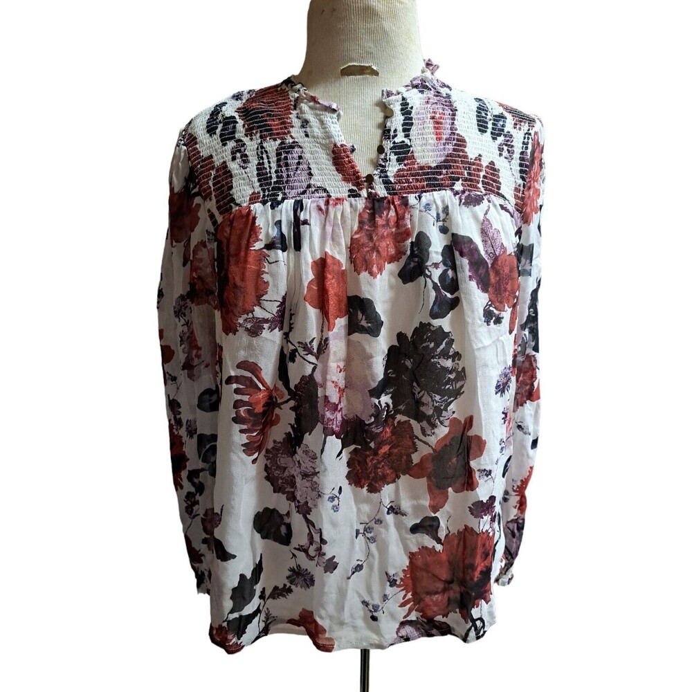 Lucky Brand Shirt Women's M Floral Long Sleeve Peasant Semi Sheer Boho Chic Top